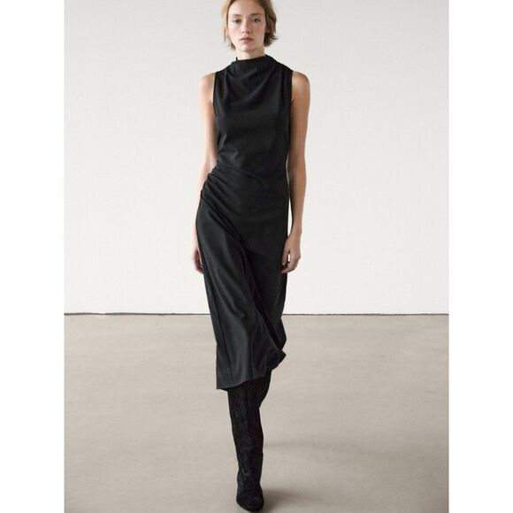 Massimo Dutti Womens Midi Dress Wool XS Black Asymmetric Draped 6675/675 NWT - Picture 1 of 15